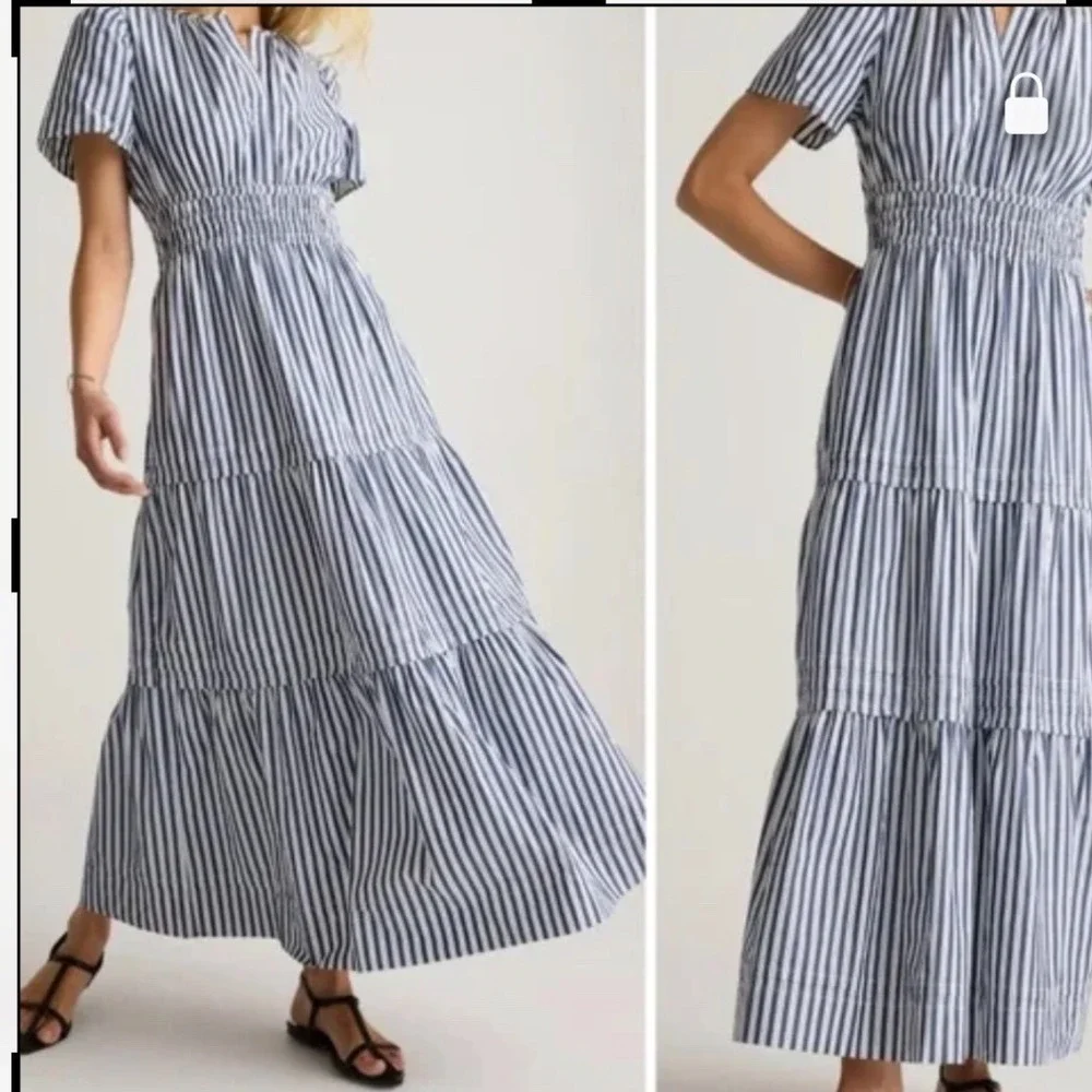 Quince Organic Cotton Tiered Maxi Dress‎ Navy White Stripe Smocked Resortwear M - Picture 13 of 17